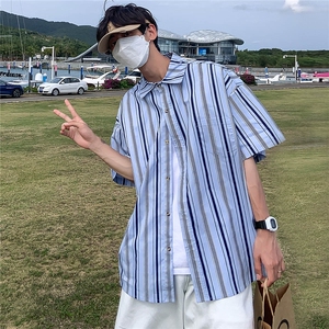 大货 港风条纹衬衫男短袖宽松夏季衬衣半袖上衣牌DX173P4558图片