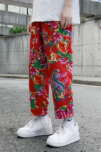XK01春新东北大花风休闲小西裤九分民族风牡丹花修身潮西裤图片