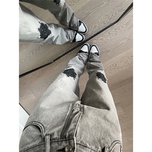 拉链ins美式高街hiphop直筒大码牛仔裤货号K667P65图片