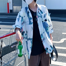 2026夏休闲水墨画冰丝凉感短袖五分袖半袖衬衫CS29/特P30浅蓝，男装T恤，电商A094