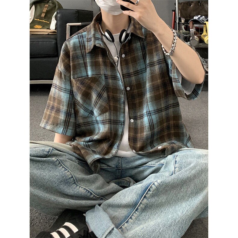 夏季韩版潮流复古格子短袖衬衫翻领帅气衬衣DSA157B-CS4231-P38,男装T恤,电商A157B