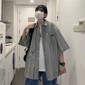 2022春秋季日系复古条纹短袖衬衫潮牌宽松衬衣男外套 W3044-P30图片