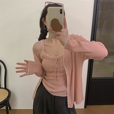 女士春季韩版时尚简约百搭花边领两件套装，女装针织衫/毛衣，佰米娇羊绒