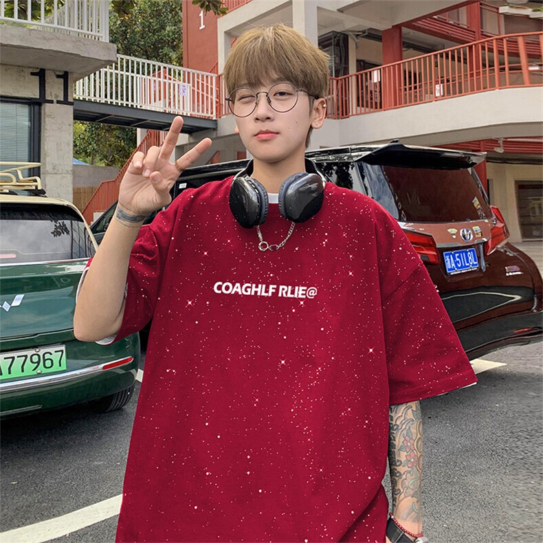 可48小时发货支持抖音得物来样二开美式满天星亮片短袖T恤MTX689,男装T恤,电商A486