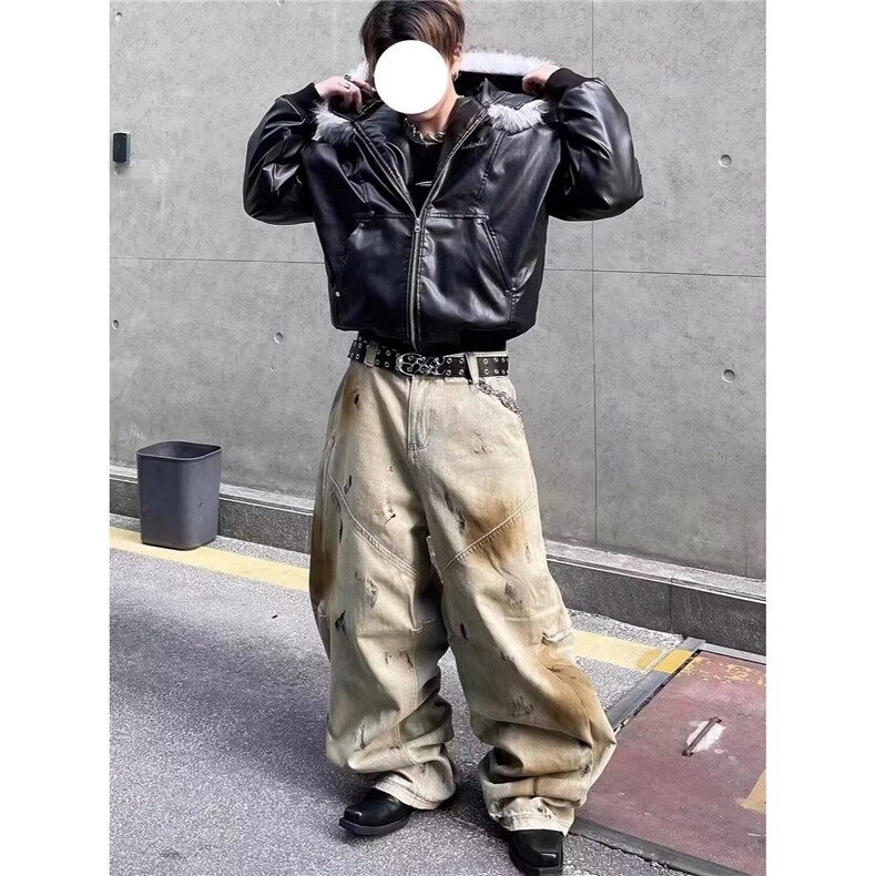美式街头黄泥染脏洗阔腿弯刀牛仔裤男女水洗做旧小众宽松休闲裤潮,男装牛仔裤,星座506A