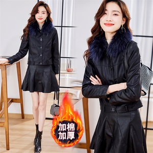 欧洲站皮衣外套女2023年冬季新款带狐狸毛领时尚洋气百搭短款上衣图片