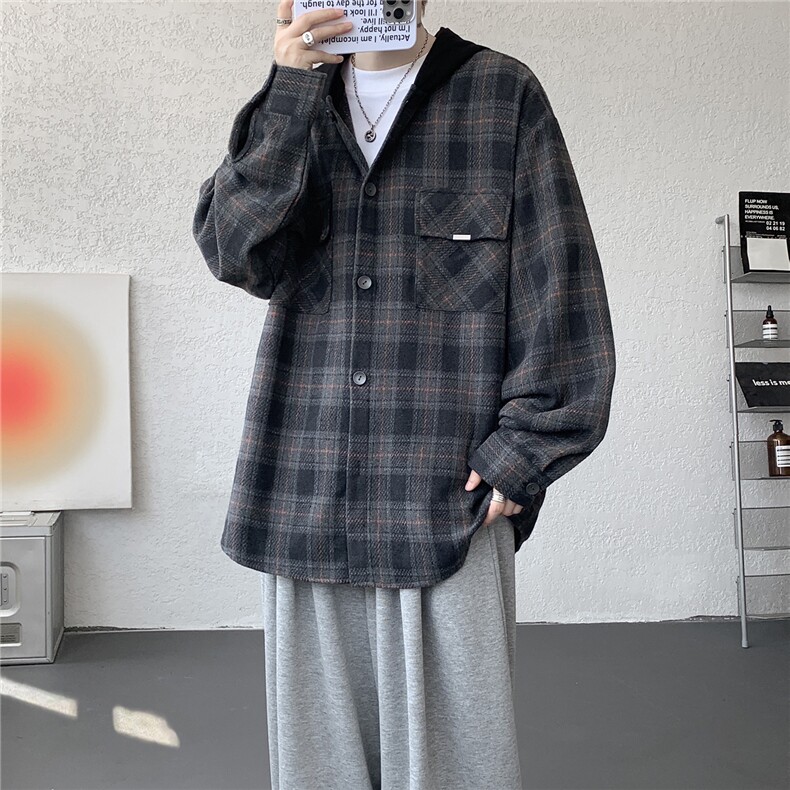 美式复古连帽格子衬衫大码磨毛长袖衬衣慵懒风宽松外套CS9007/P55,男装衬衫,电商B238