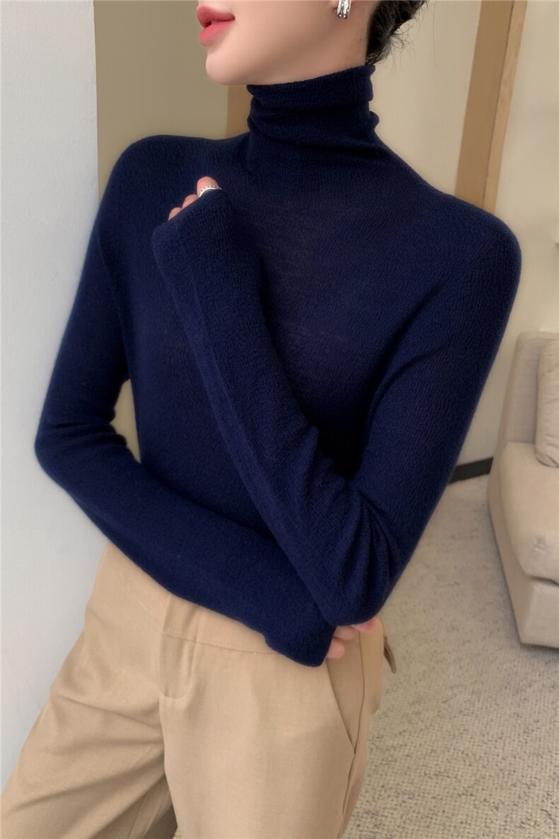 肌理纹扬子精纺羊毛衫软糯面膜打底衫秋冬无缝堆领女薄针织毛衣,针织衫/毛衣,暖绒情旗舰店