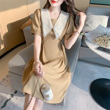 娃娃领复古连衣裙女2024夏季短袖收腰A字显瘦气质裙子，女装连衣裙，美吧服饰