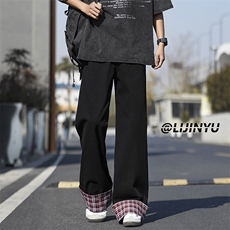 复古美式拼接格子牛仔裤阔腿潮流设计感拖地裤K882特批5089，男装牛仔裤，星座718-1