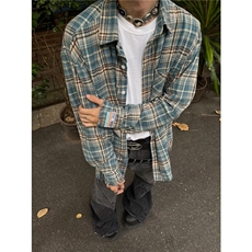 美式复古毛边蓝色格子衬衫男街头高级感春秋潮牌C274-P40，男装衬衫，星座1109-4