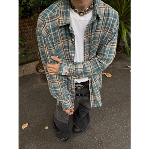 美式复古毛边蓝色格子衬衫男街头高级感春秋潮牌C274-P40图片