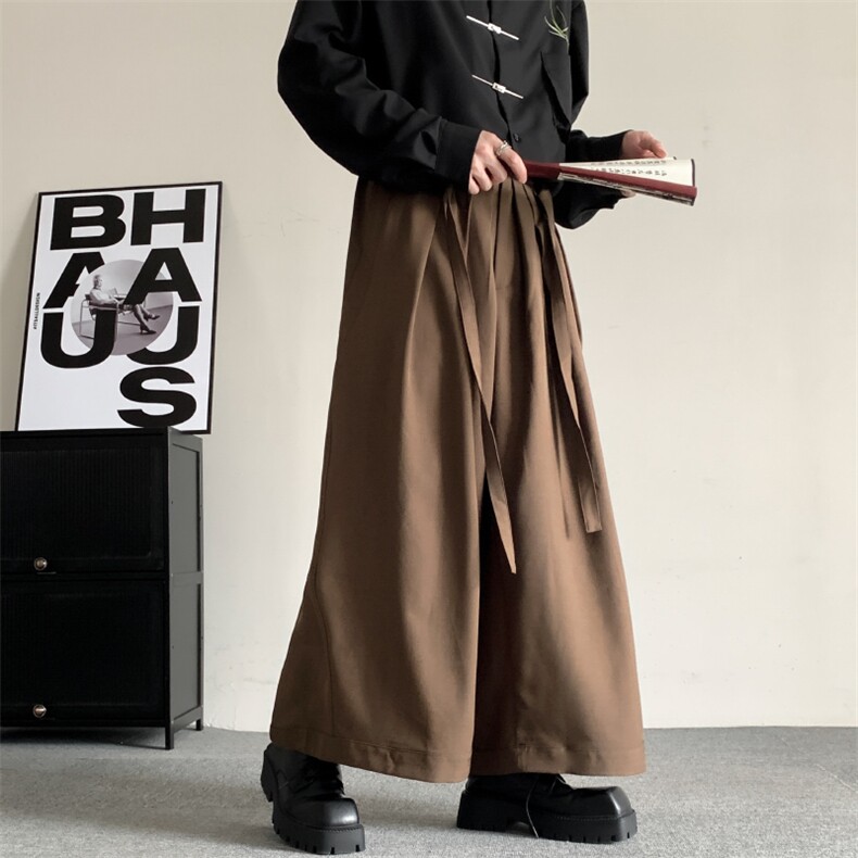 中式日系复古山本风百褶飘带设计无性别穿搭阔腿西裤武士西裤，男装西裤，星座909