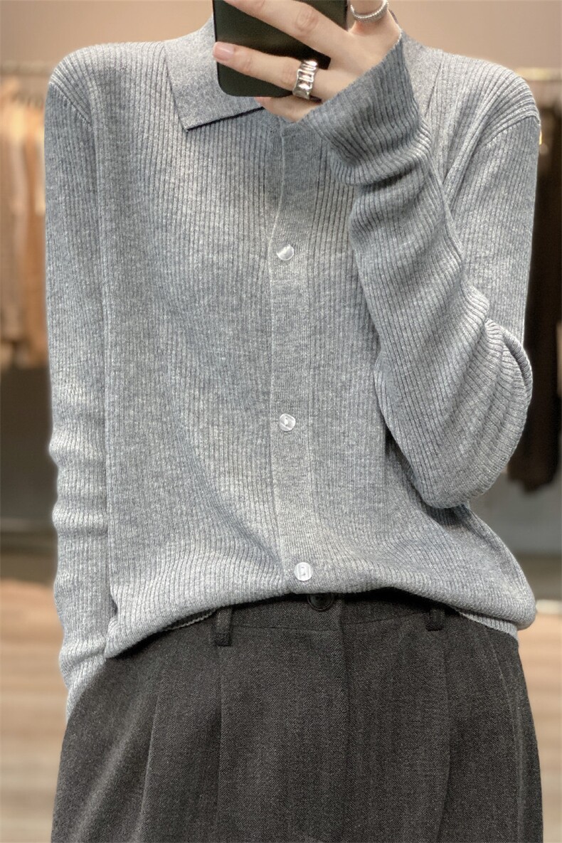 高级感Polo领抽条羊毛针织开衫女宽松百搭春秋毛衣外套上衣薄衬衫,针织衫/毛衣,雪真羊绒