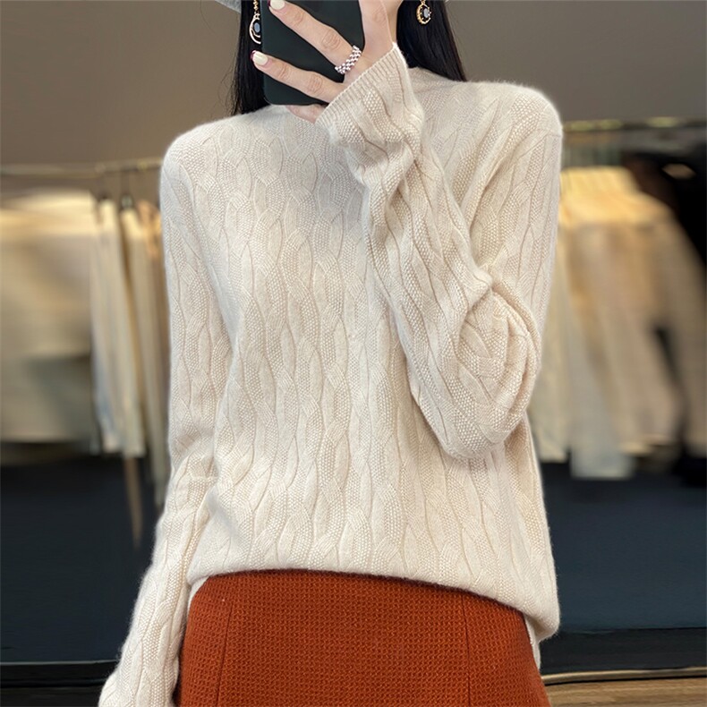 秋冬新款全身提花半高领扭花羊毛套衫，女装羊毛衫，科源羊绒