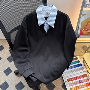 潮流新款秋季美式假两件格子拼翻领休闲卫衣男女同款POLO领卫衣潮图片