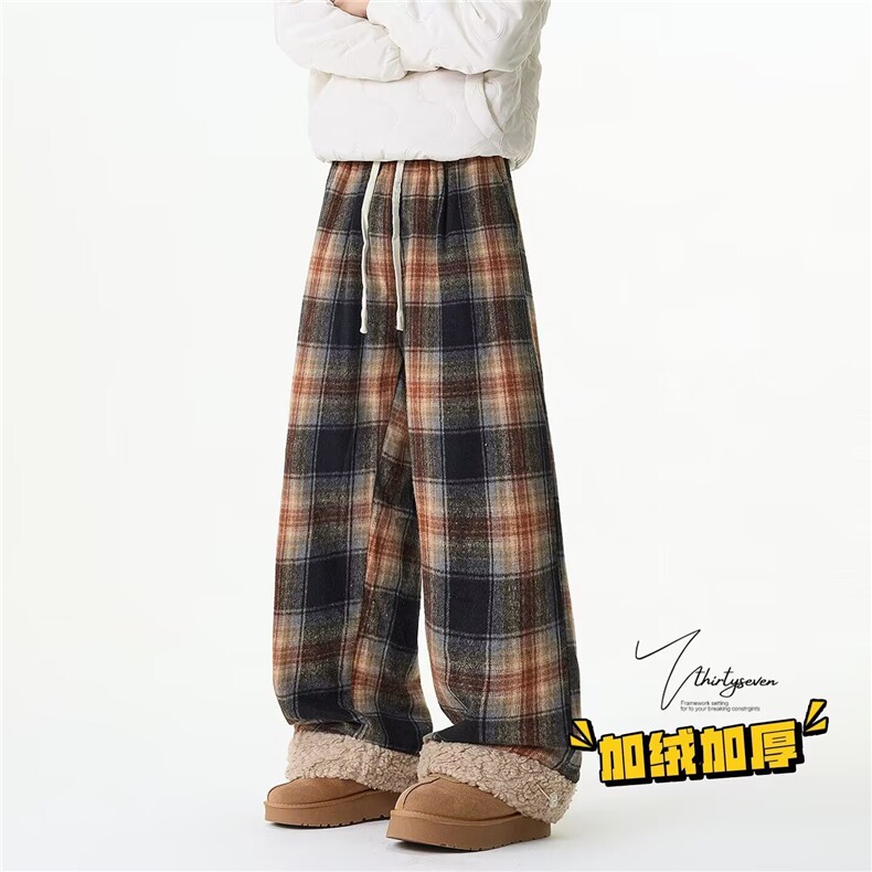 冬季潮流黑咖格宽松休闲加厚外穿棉裤情侣款格子拼羊羔绒休闲裤子，男装棉裤，星座302B-2