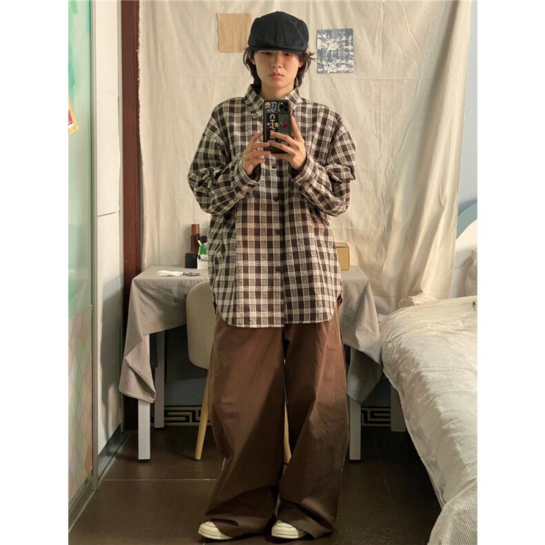 Q177/P48日系格子长袖衬衫男女中性风宽松百搭全棉格纹衬衣,男装衬衫,星座1506