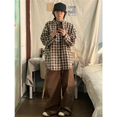 Q177/P48日系格子长袖衬衫男女中性风宽松百搭全棉格纹衬衣，男装衬衫，星座1506
