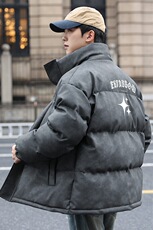 港风冬季新款棉衣男印花宽松PU皮立领面包服大码外套男MY625-P128，男装棉衣，星座505-3