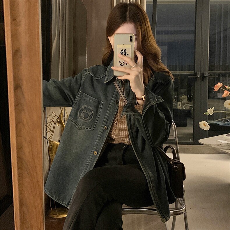 牛仔衬衫加绒外套女中长款叠穿加厚上衣2025秋冬新款长袖C637-98,男装衬衫,星座911-2(原星座613-2）