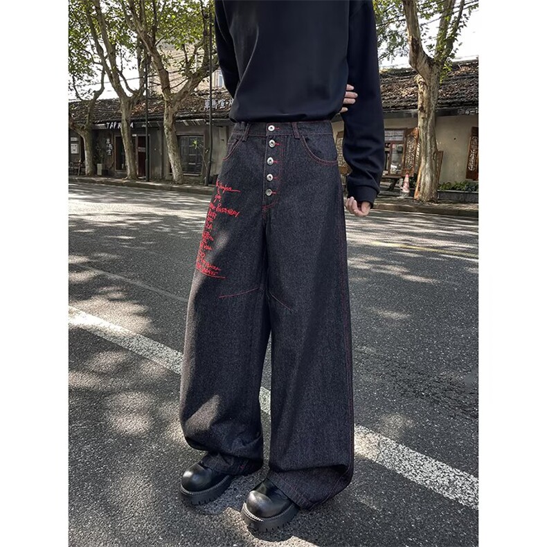 B386-P50牛仔裤女2025秋季美式复刺绣宽松直筒休闲阔腿长裤子,男装牛仔裤,电商B323A
