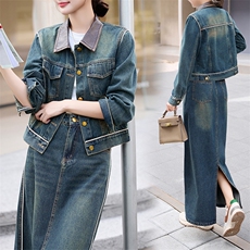 潮牌复古时尚牛仔套装女2024春秋新款洋气炸街短外套阔腿裤两件套，女装套装/套裙，潮流依族