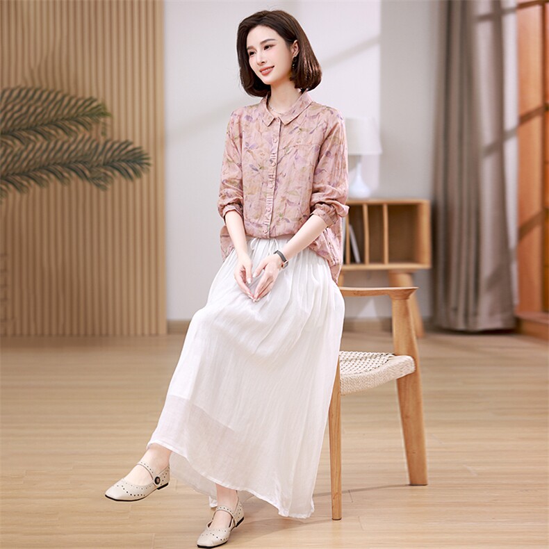 2024夏季新款苎麻衬衫半身裙两件套清新印花显瘦气质女装套装,女装套装/套裙,希欧阁