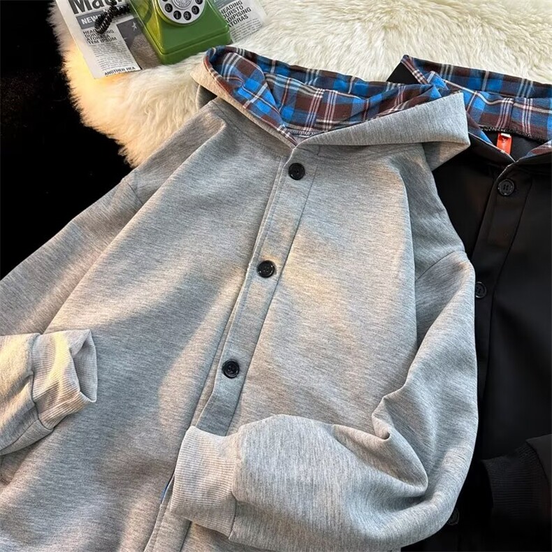 拼接格子连帽卫衣男春秋韩版潮高级感开衫外套宽松夹克WL2811-p50，男装夹克，星座1008