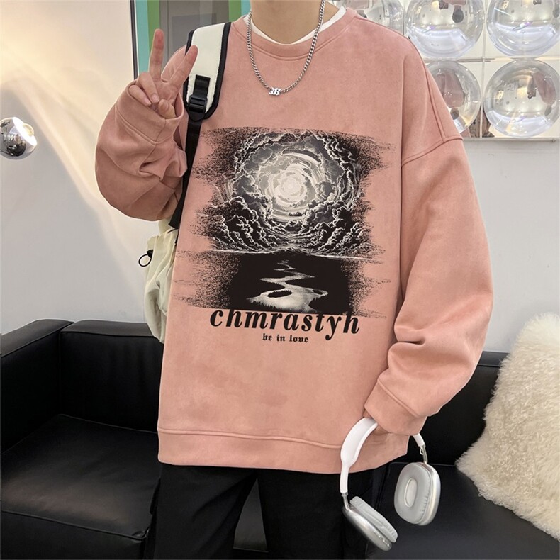 电商DSA028-LPWY2353100聚酯P30新款麂皮绒印花圆领卫衣男限48,男装卫衣,电商A028