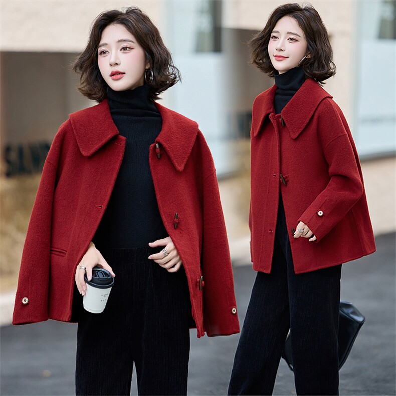 红色牛角扣短款双面呢子羊绒大衣女新款高级感小个子上衣毛呢外套，女装双面呢大衣，蝶眷