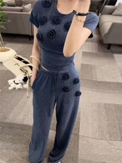 盐系高级感时尚气质套装女春新款圆领立体花朵上衣阔腿长裤两件套，女装套装/套裙，江南
