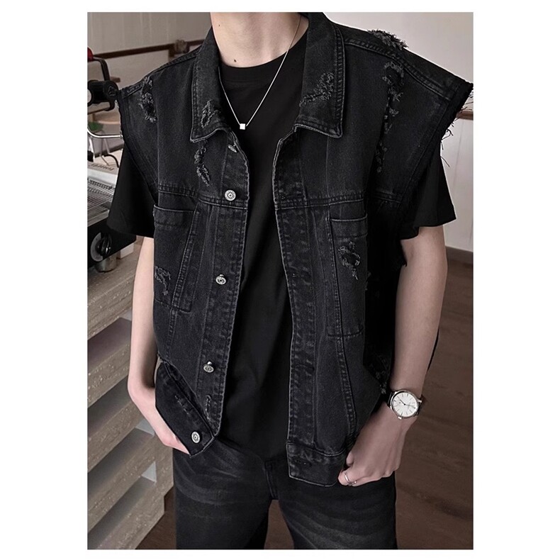 美式水洗磨毛边短款牛仔马甲男无袖宽松夏季潮流帅气上衣XJK8942，男装背心/马甲，星座208-5