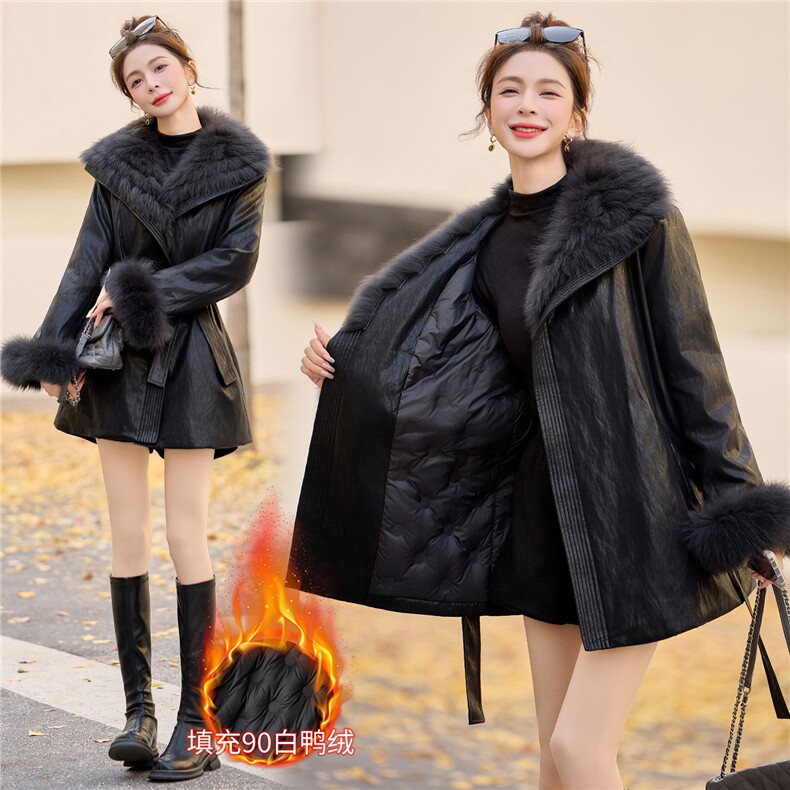 2025冬季新款真狐狸毛90白鸭绒皮质高级羽绒服纯色真毛领真袖毛,女装羽绒服,众宇琦
