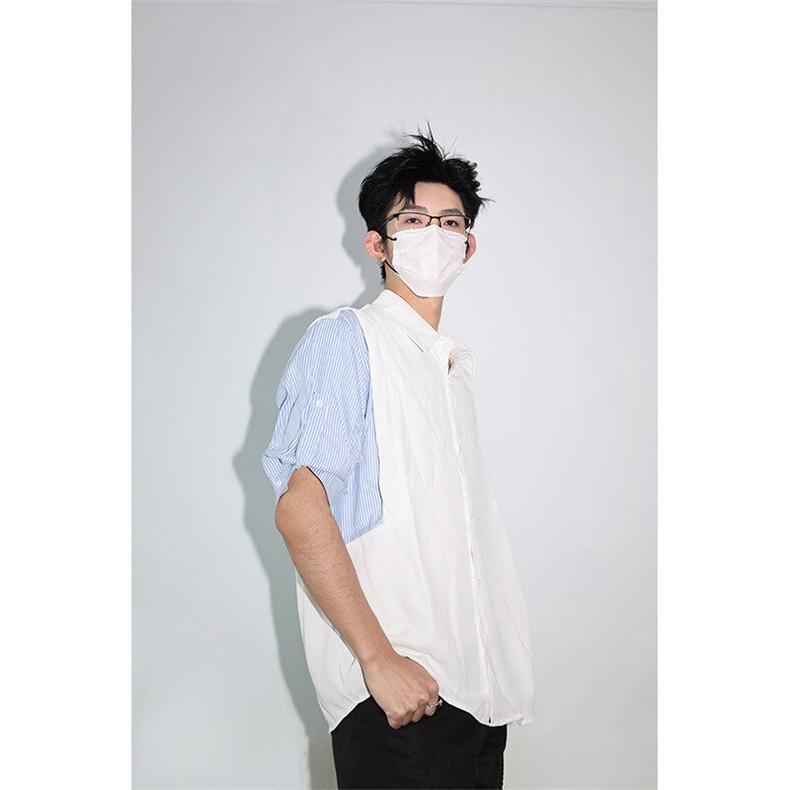 明星私服假两件宽松拼接飞肩设计感假两件条纹短袖衬衫卫衣特P39,男装卫衣,电商B319