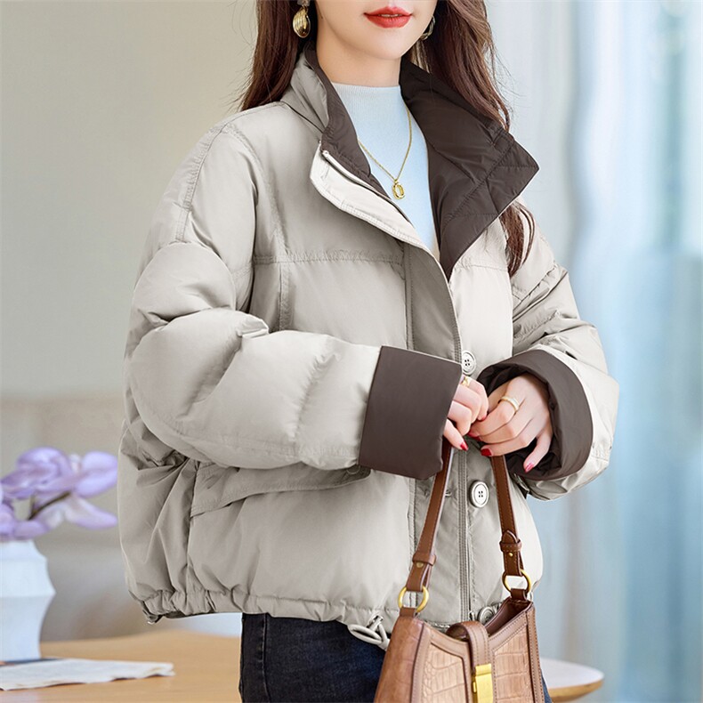 撞色立领短款羽绒服女2024冬季新款小个子休闲超好看白鸭绒面包服,女装羽绒服,余墨