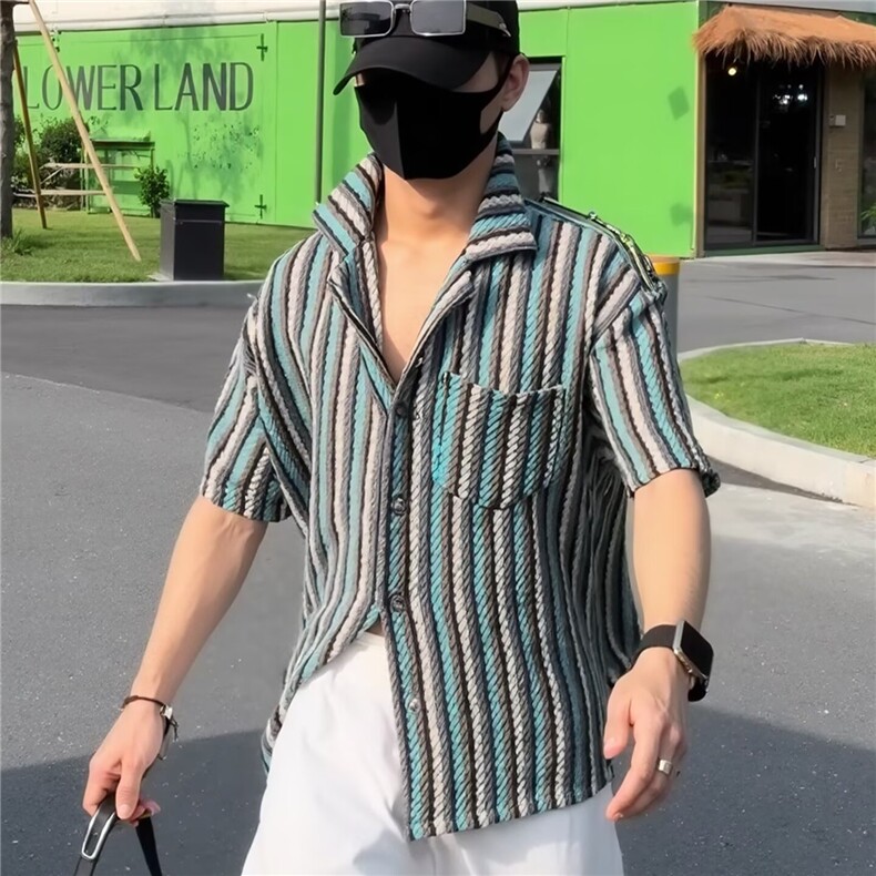 2025夏季新款潮牌撞色短袖衬衫男款纹理感休闲高级感百搭镂空衬衣,男装T恤,星座1210-1
