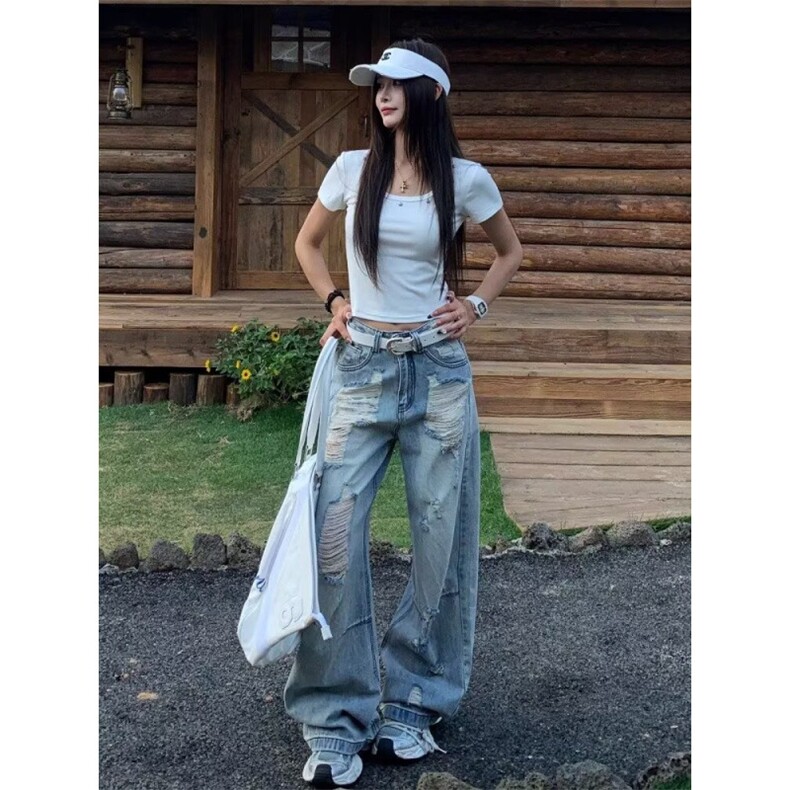 美式复古青少年破洞牛仔裤男女秋季高街设计感直筒宽松显瘦阔腿裤,男装牛仔裤,星座813-2