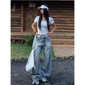 美式复古青少年破洞牛仔裤男女秋季高街设计感直筒宽松显瘦阔腿裤图片