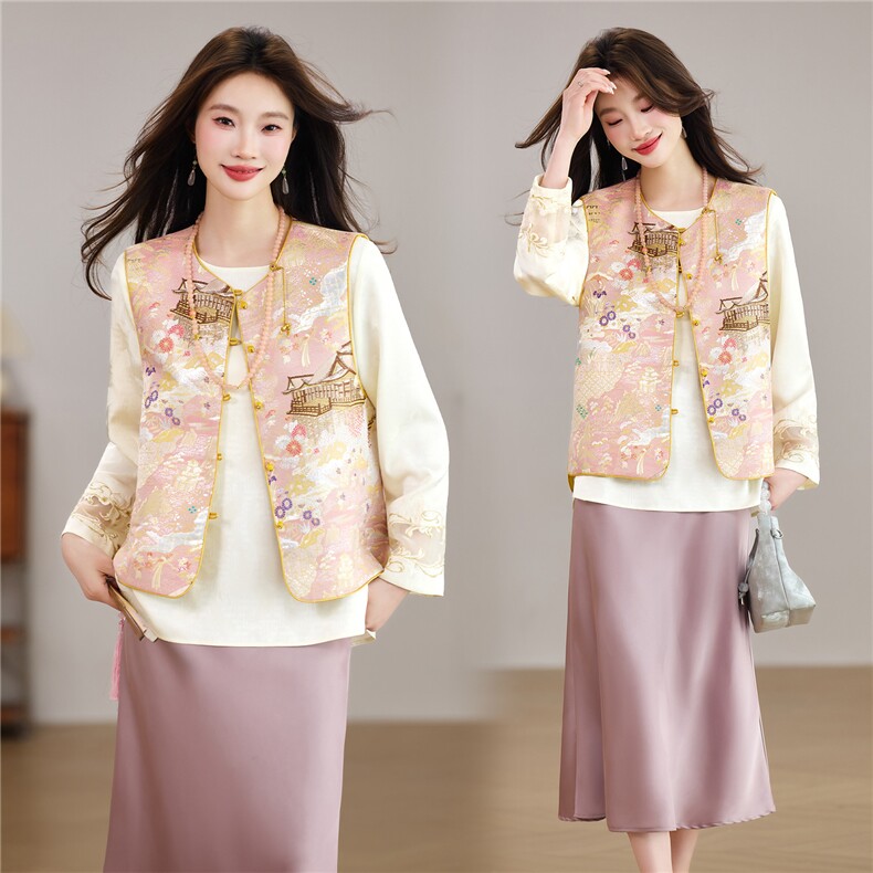 现货春季新款新中式洋气两面穿圆领马甲+刺绣衬衫打底两件套女，女装套装/套裙，央宝儿