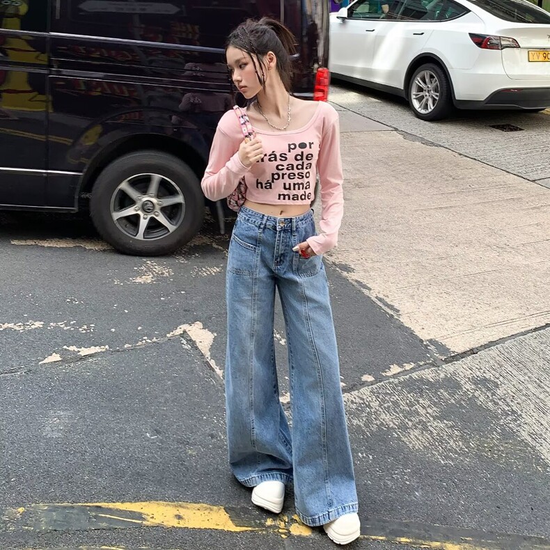 小众设计感垂感显瘦拖地长裤2025秋冬新款蓝色水洗宽松微喇牛仔裤,女装牛仔裤,星座218-8