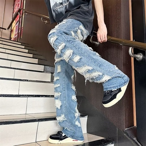 美式vibe牛仔裤男欧美嘻哈破洞乞丐裤子高街潮牌hiphop宽松老爹图片