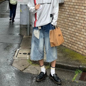 【有货】D3804-特批45水洗破洞牛仔七分裤2025夏高街直筒阔腿中裤图片
