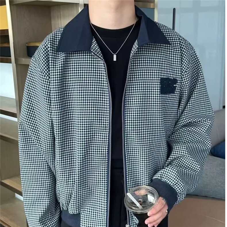 美式复古格纹翻领撞色夹克男女秋季新款潮牌宽松百搭外套AJK727,男装夹克,星座208-5