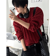 复古男女秋冬针织外套宽松V领加厚凤凰绒酒红色毛衣V18-P49网图，男装针织衫/毛衣，电商B245