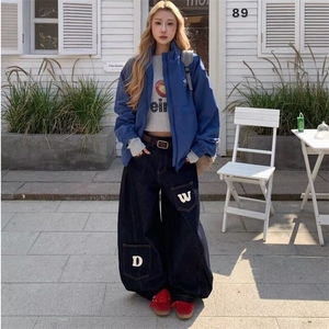 大码美式复古弯刀牛仔裤男女设计感春季新款宽松百搭阔腿垂感裤图片