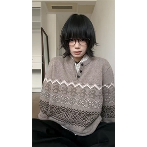 重磅秋冬装北极绒套头毛衣美式复古休闲慵懒风提花工艺针织衫外套图片