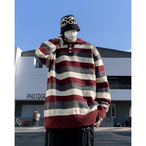 B277-P52 条纹撞色毛衣男士2024秋冬新款高级感潮牌针织衫外套图片