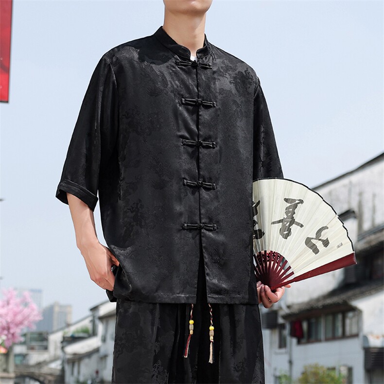 风七分袖衬衫男士2025夏季新款立领大码盘扣上衣CS100-P55,男装衬衫,电商A008