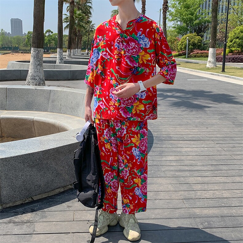 TZ340男士夏季风大花布套装大码宽松凉爽透气民族风个性外套,男装休闲套装,星座115A(原星座507）